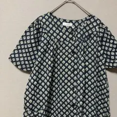半袖プルオーバーチュニック(M)ネイビー総柄　ゆったり膝丈　大人コットン100%