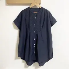 デザインアエラ キルトステッチフレンチスリーブブラウス チュニック丈 墨黒