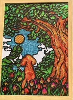 犬ステンドグラスガラス絵の具アート龍神様開運幸運ハンドメイド絵画犬猫鳥沖縄風景画