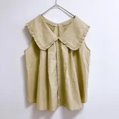 美品3698 リエミラーノースリーブフリルカラーブラウス Vネック ベージュ M