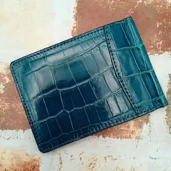 ブルー マネークリップ 板挟み 財布 本革 クロコダイル財布 クロコダイル