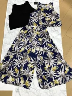 エモダ　ワイドパンツ　ガウチョパンツ　タンクトップ　セットアップ　M ヤシの木柄