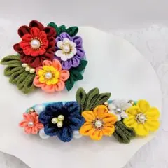 ハンドメイド　つまみ細工　バレッタ　ブローチ