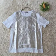 ZARA ザラ　メタリック加工入り生地Tシャツ 白　個性的 シルバー S