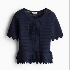 H&M クロッシェライクカーディガン　ネイビーSペプラムフリル半袖紺サマーニット