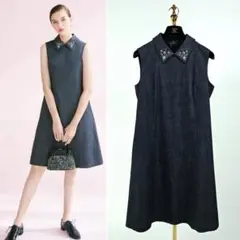 【新品同様】フォクシー ビジュー襟 ワンピース デニム調 42 ネイビー