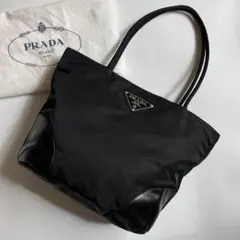 【美品】プラダ トートバッグ ビッグロゴ ナイロン 三角プレート レザー 黒
