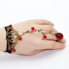o薔薇モチーフブレスレットu0026指輪セット♪リングチェーンブレスレット バラ 赤