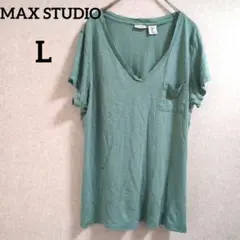 MAX STUDIO【L】グリーン Vネック Tシャツ 胸ポケット 緑 春夏