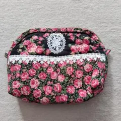 花柄レース付き布製ポーチ