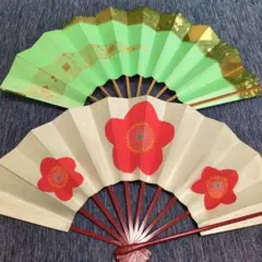 舞扇子セット 緑と赤 花柄