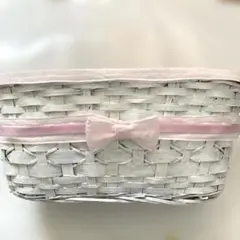 ホワイトバスケット ピンクリボン 楕円形　〈リメイク品〉