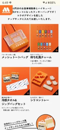 メッシュトートバッグ チャームシリコントレーセット ハイキュー　モスバーガー福袋