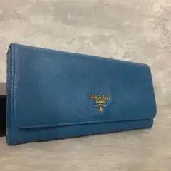 美品✨ プラダ 長財布 折り財布 サフィアーノ メタルロゴ ブルー 青