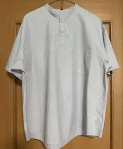 無印良品　涼感ヘンリーネック半袖布帛Ｔシャツ　S グレーストライプ