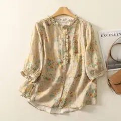 【美品】ブラウス トップス 大きいサイズ プリント 切り替 スタンドカラー