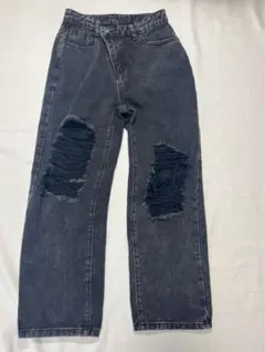 ダメージ加工 ダークグレー ワイドレッグデニム