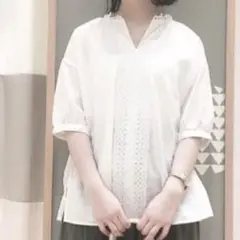 サマンサモスモス 前レースブラウス 綿 パフスリーブ スキッパー ナチュラル 白