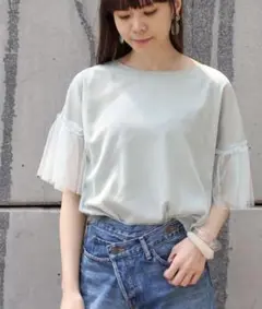 未使用　ライトベネ×チュールブラウス　ミント　12Twelve Agenda