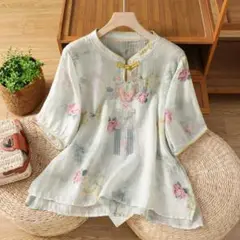 【美品】刺繍 ブラウス 五分袖 薄手 レトロ スタンドカラー ゆったり