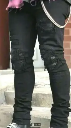 ✨新品タグ付き★URKOOL★ダメージ蛇腹バイカー強ストレッチデニムパンツ