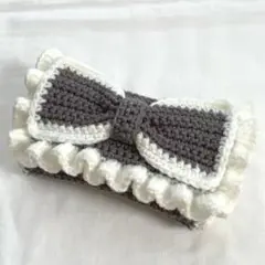 【即購入可】ハンドメイド 編み物 ポーチ ペンケース 筆箱 リボン フリル