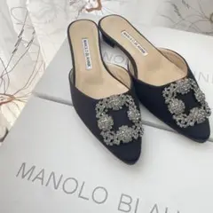 ManoloBlahnikネイビー ポインテッドトゥ スリングバックミュール40 ポインテッドトゥ ハイヴァンプスリングバックフラット - Black