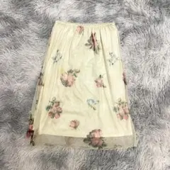 フレアスカート　黄色　膝丈　ウエストゴム　レース　Aライン　花柄　透け感