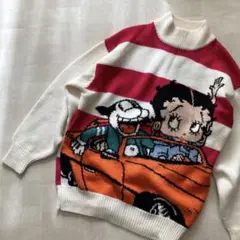 ベティちゃん 古着 ボリュームニット バックプリント ハイネック ビッグイラスト