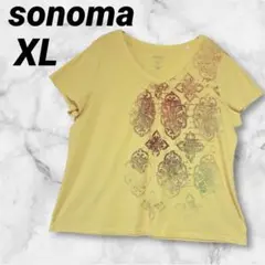 sonoma 【XL】イエロー Vネック 半袖プリントTシャツ 大きめサイズ