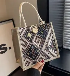 【新品】幾何学柄 刺繍 ミニトート トートバッグ おしゃれ エスニック 北欧