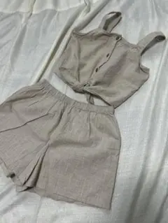 ベージュ リネン風 タンクトップとショートパンツセット 120cm