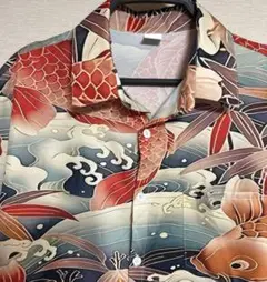 L 和柄 鯉 流水柄 フルオープン ラウンド アロハシャツ 新品未使用 一枚限り