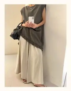 ワイドフレアパンツ アイボリーXL ポケット 薄手 ゆったり ガウチョ夏パンツ