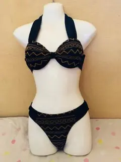 水着 ブラック 黒×ゴールド レースワンピ付き