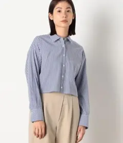 コムサイズム　ストライプ クロップドシャツ　長袖　9 M　青