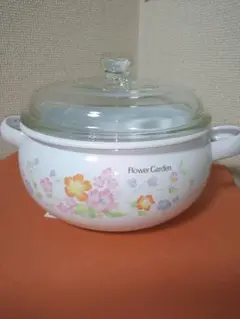 【未使用】ホーロー鍋ガラス蓋付き20㎝　フラワーガーデン　丸山技研