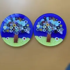ガラス製 花と木のデザイン コースター2枚セット