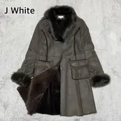美品 ジェイホワイト リアルムートン ロング コート レディース L ブラウン