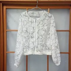 ⭕未使用品 花柄 レース風 ホワイト ジャケット ジップアップ 長袖 Lサイズ