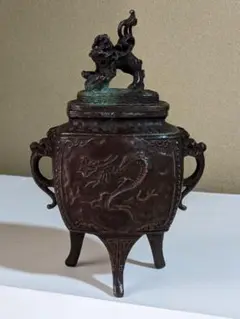 ♦唐銅 龍紋様 獅子飾り 香炉 高岡銅器 中国 アンティーク 骨董品コレクション