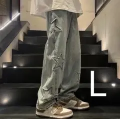 ワイド デニムパンツ L 星 色落ち加工 スター Y2K ズボン