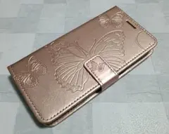 iPhone15 用 スマホケース 手帳型 蝶柄 バタフライ ピンクゴールド