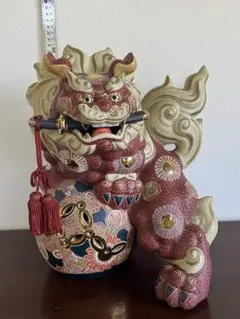 九谷焼　八幡釜　須栄義　獅子　龍玉　置物　床飾　縁起物　高さ35㎝　BK045 九谷焼 八幡釜 須栄義 獅子 龍玉 置物 床飾 縁起物 高さ35
