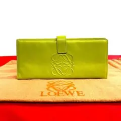 極 美品 ロエベ アナグラム ロゴ ナッパレザー 二つ折り財布 長財布 グリーン