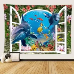 新作！タペストリー金具付きB20　クジラ　海　窓　魚　薔薇　カラフル　壁掛け