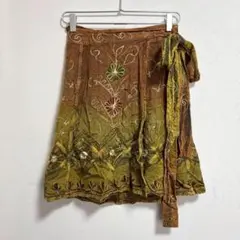インド製 レディース ラップスカート 巻きスカート 刺繍 総柄 個性的 ミニ丈