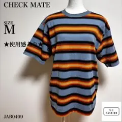 CHECK MATE Tシャツボーダー ライトブルー オレンジ ネイビー M