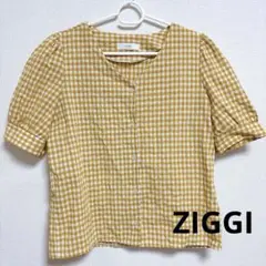 ZIGGI イエロー Vネック 半袖シャツ ギンガムチェック トップス ボタン