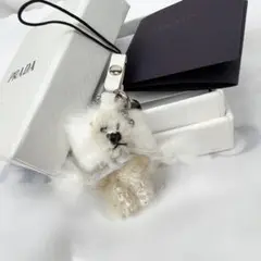 美品 プラダ キーホルダー チャーム テディベア ラインストーン フェイクファー